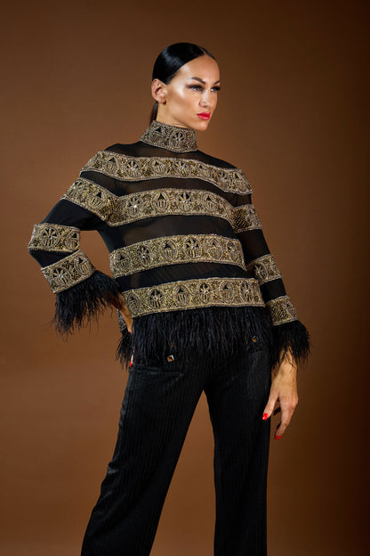 Heavy Beaded Sheer Top with Feather
