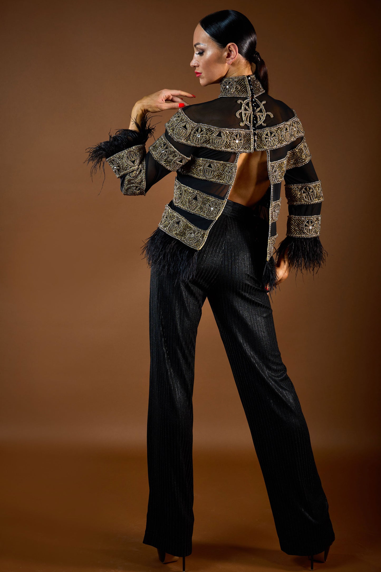 Heavy Beaded Sheer Top with Feather