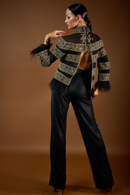 Heavy Beaded Sheer Top with Feather