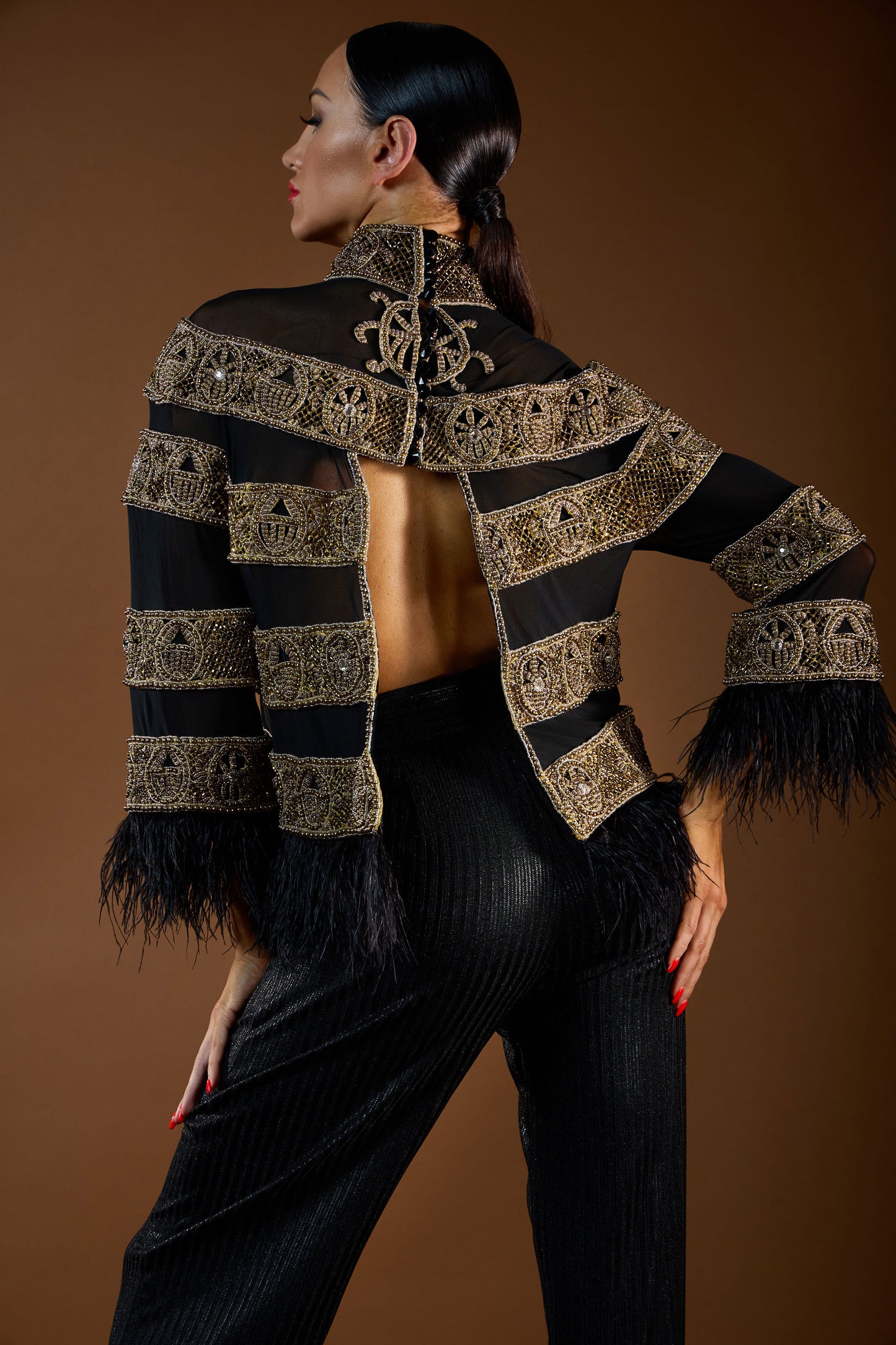 Heavy Beaded Sheer Top with Feather