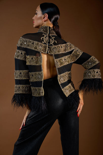 Heavy Beaded Sheer Top with Feather