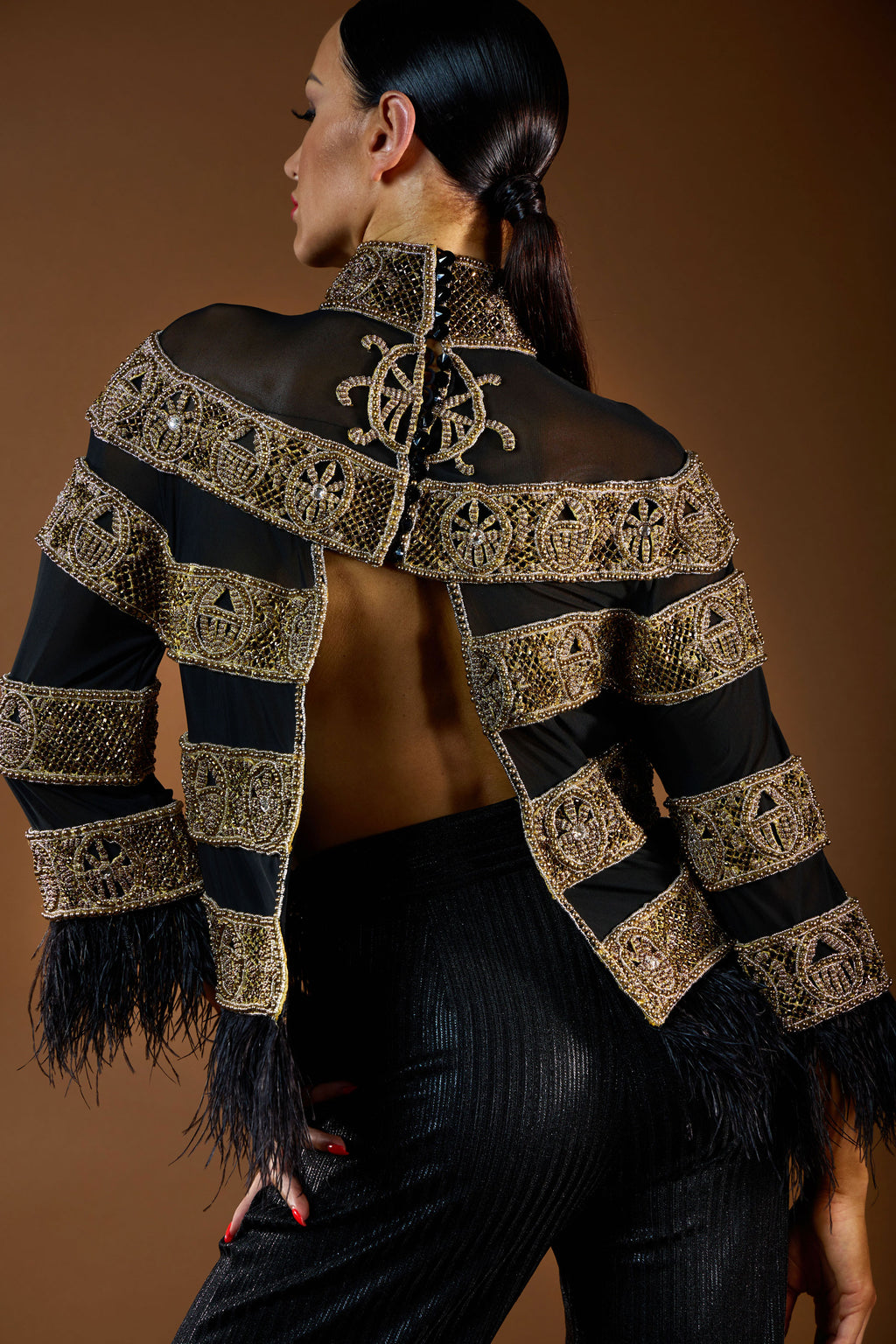 Heavy Beaded Sheer Top with Feather