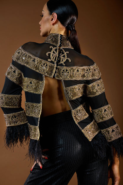 Heavy Beaded Sheer Top with Feather