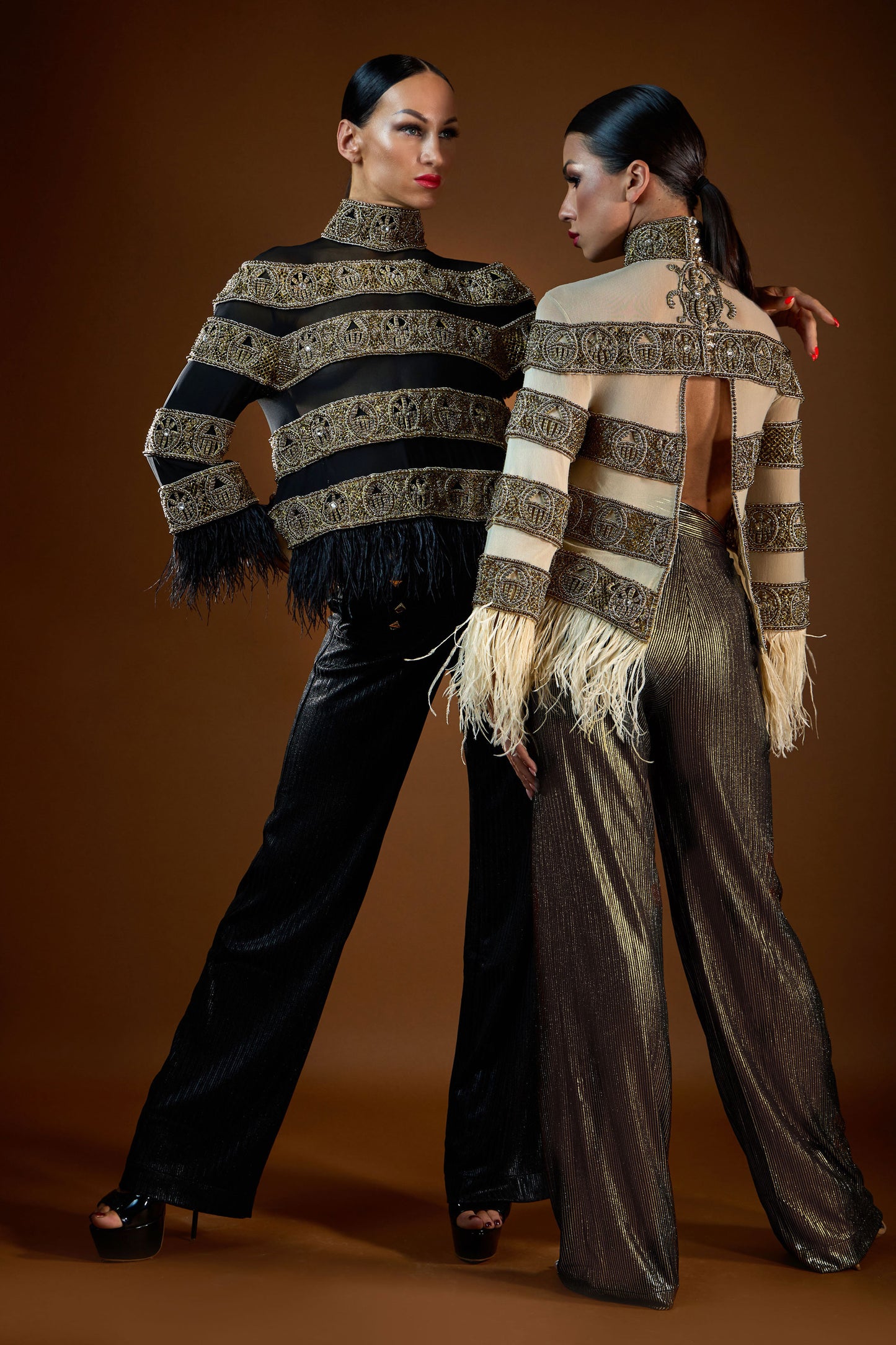 Heavy Beaded Sheer Top with Feather