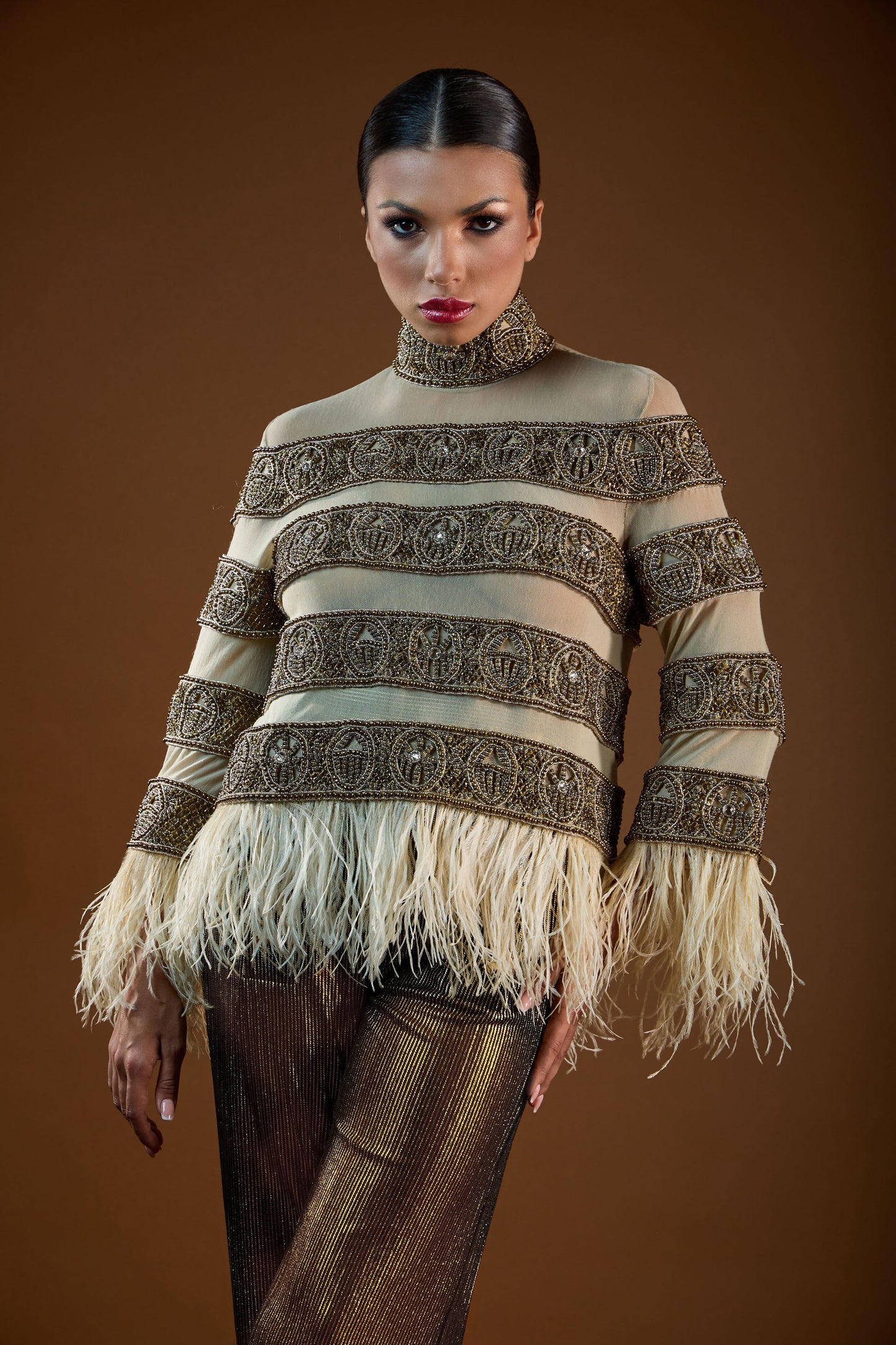 Heavy Beaded Sheer Top with Feather