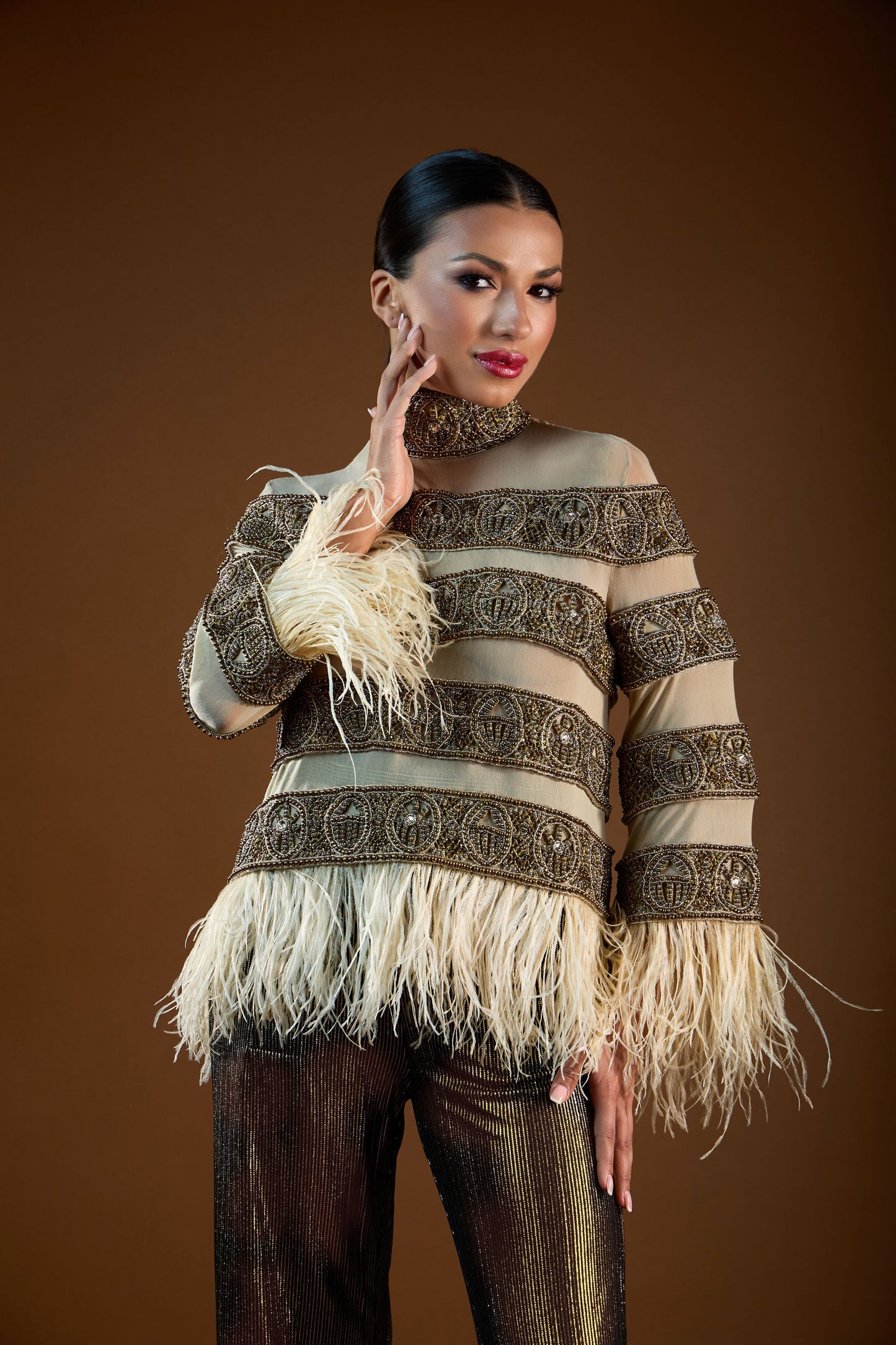 Heavy Beaded Sheer Top with Feather