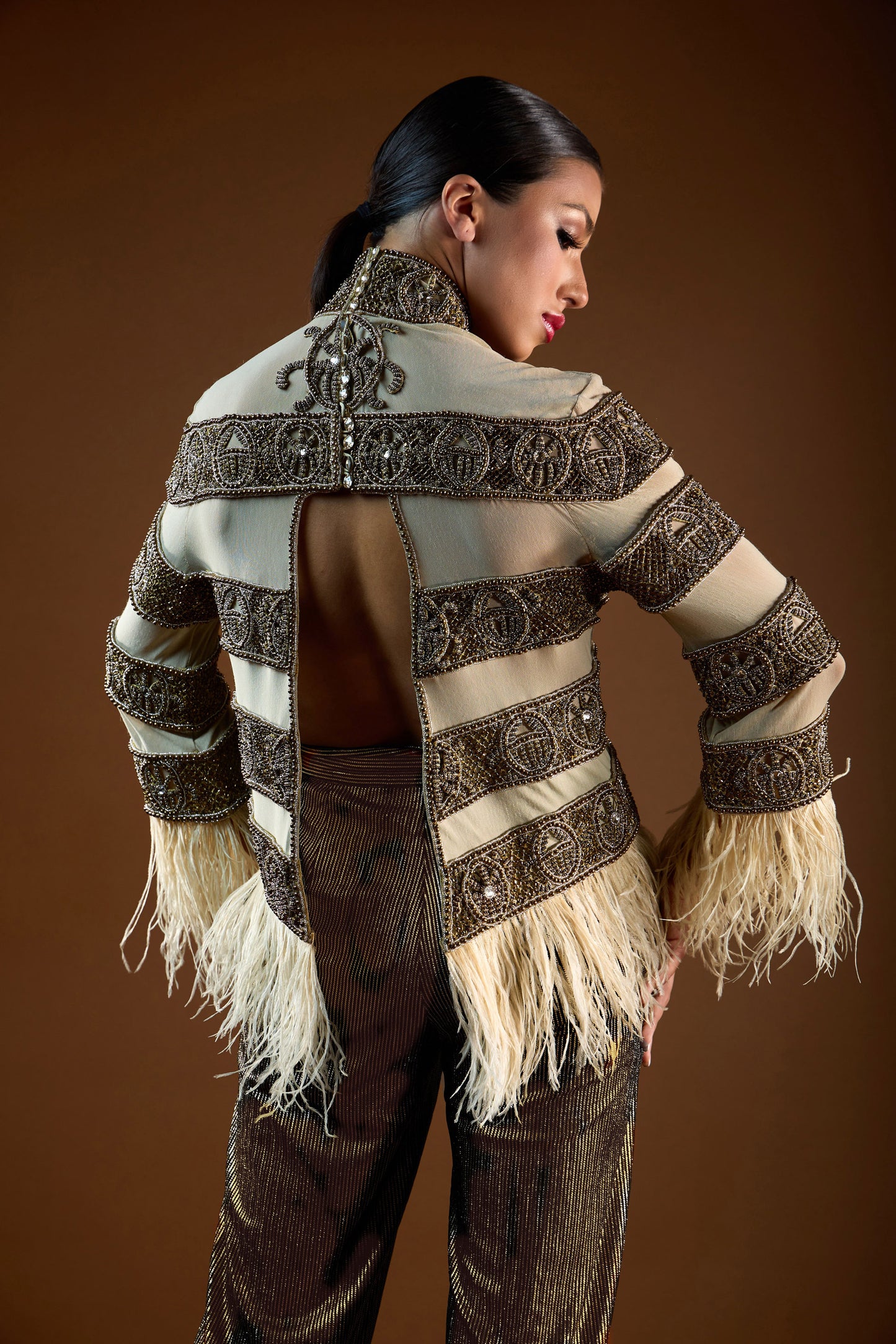 Heavy Beaded Sheer Top with Feather