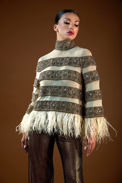 Heavy Beaded Sheer Top with Feather