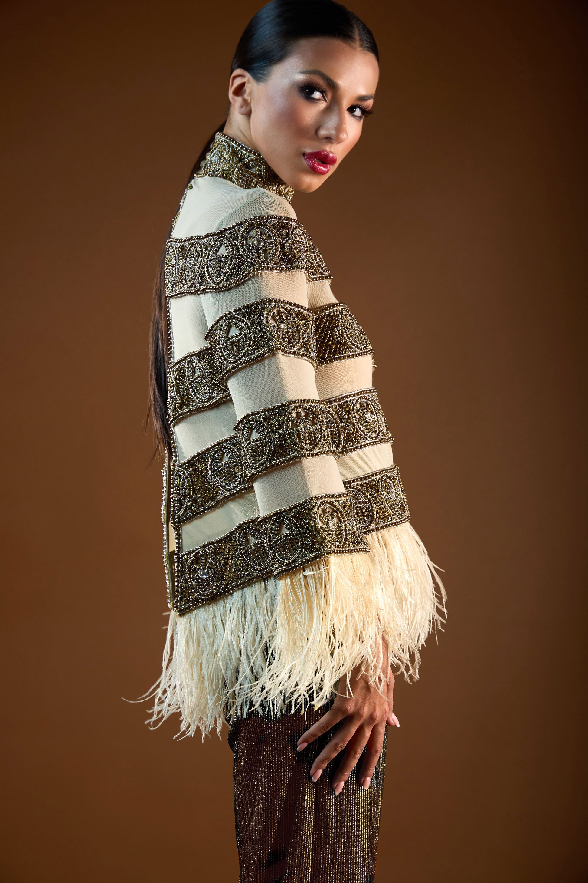 Heavy Beaded Sheer Top with Feather