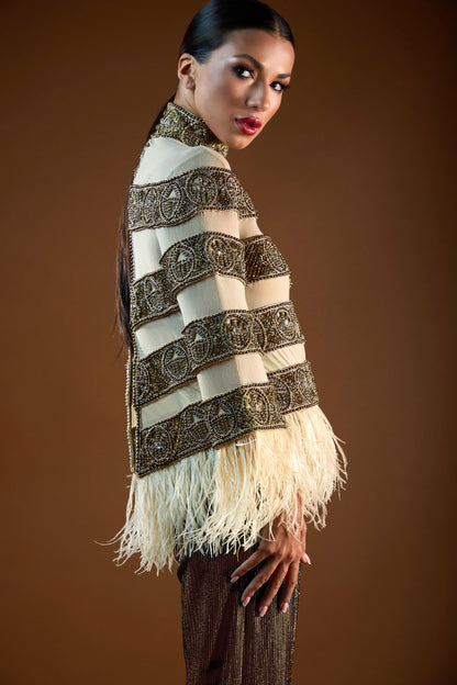 Heavy Beaded Sheer Top with Feather