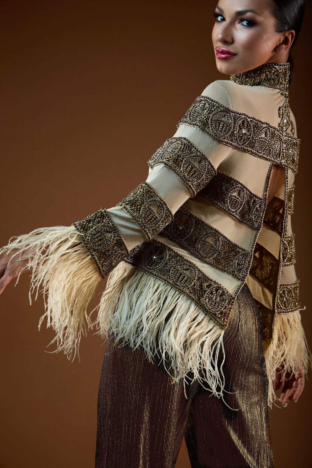 Heavy Beaded Sheer Top with Feather