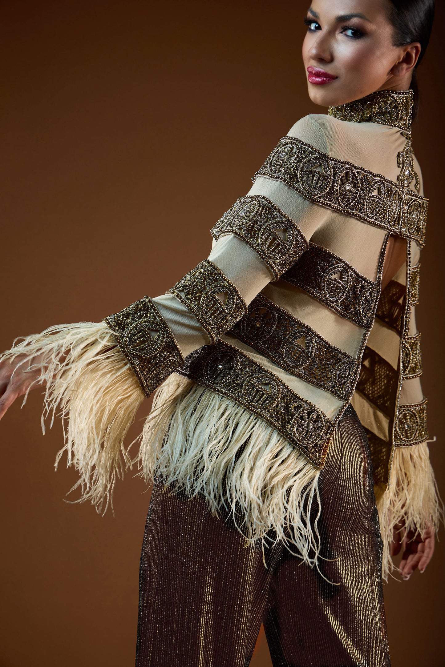 Heavy Beaded Sheer Top with Feather