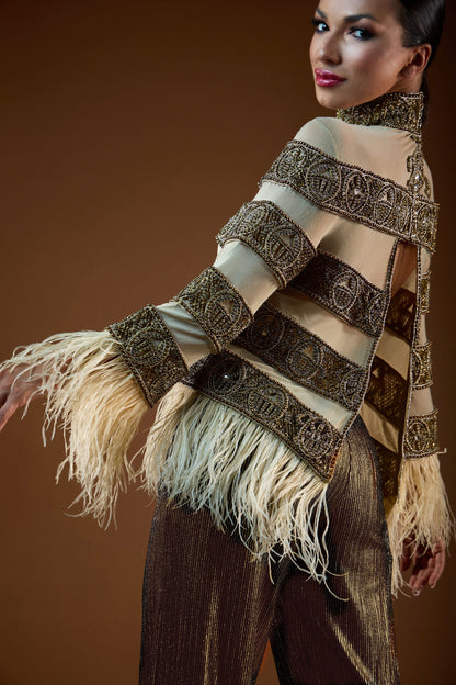 Heavy Beaded Sheer Top with Feather