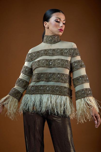 Heavy Beaded Sheer Top with Feather