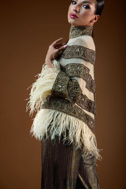 Heavy Beaded Sheer Top with Feather