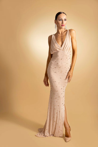 Sleeveless V-Neck Rainy Stone Evening Dress
