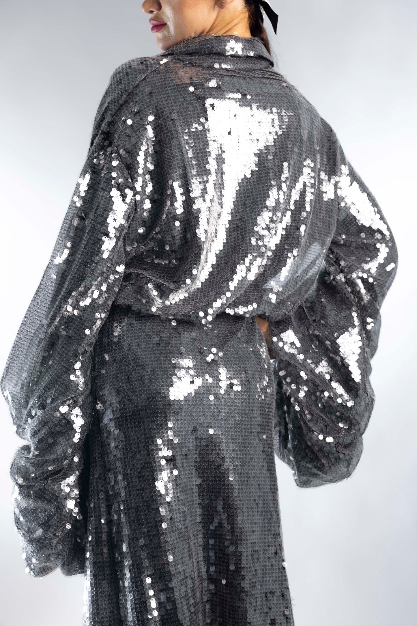 Aqua Volumed Long Sleeves Evening Dress with Collar