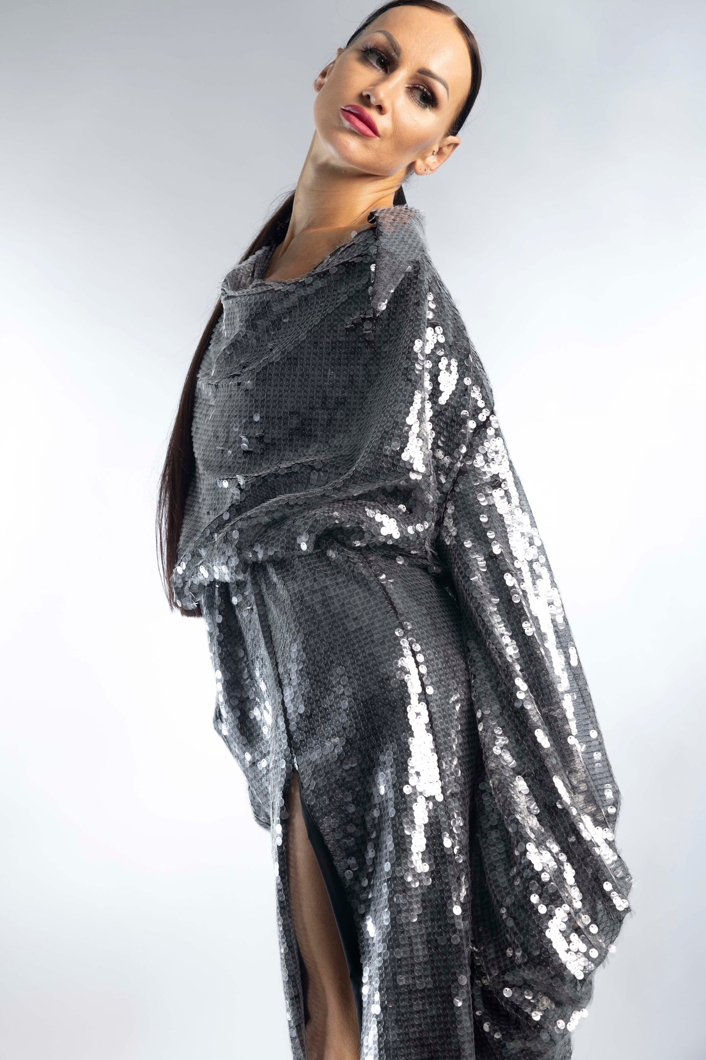 Aqua Volumed Long Sleeves Evening Dress with Collar