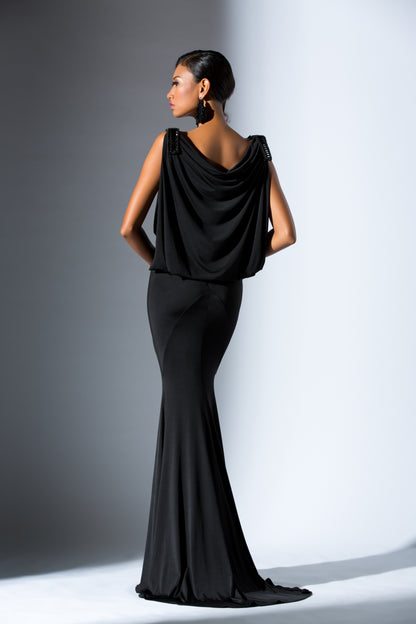 Beaded Shoulder Sleeveless Evening Dress