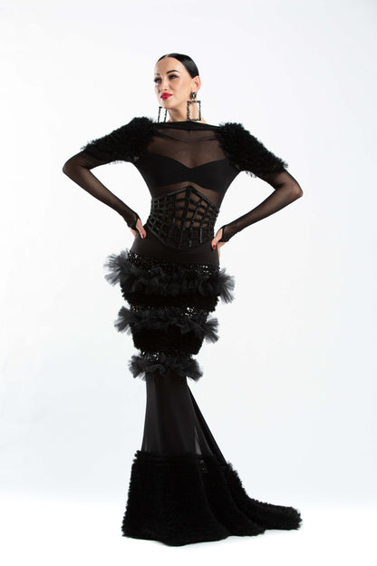 Beaded Tulle Ruffles Long Skirt