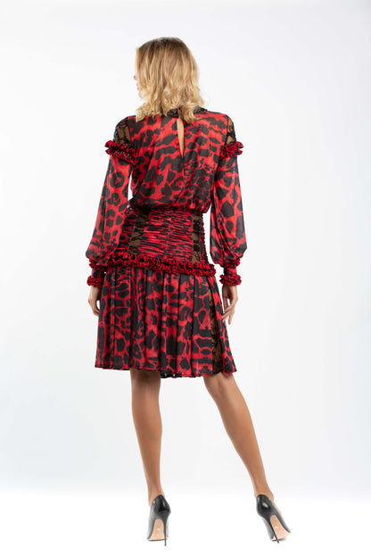 Leo Print Long Sleeves Cocktail Dress with Beaded Collar