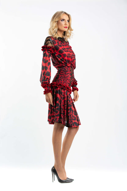 Leo Print Long Sleeves Cocktail Dress with Beaded Collar