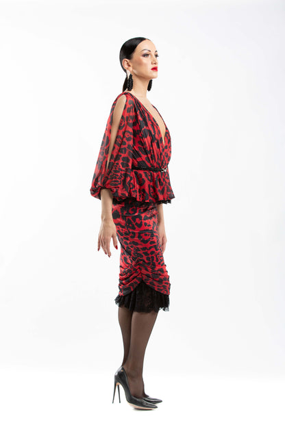 Leo Print V-Neck Slit Sleeves Cocktail Dress