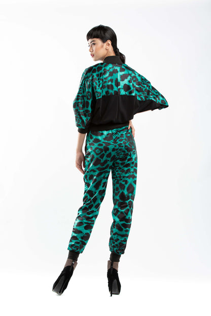 Green Leo Print Bomber Jacket