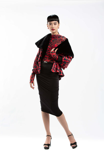 Red Leo Print Fluffy Jacket